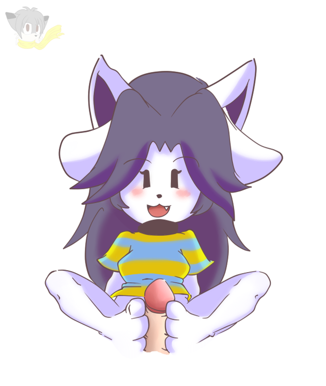 bottomless byheydern female female_focus footjob penis shirt_only solo_female solo_focus striped_shirt temmie temmie_(undertale) undertale undertale_(series) unseen_male_face white_background