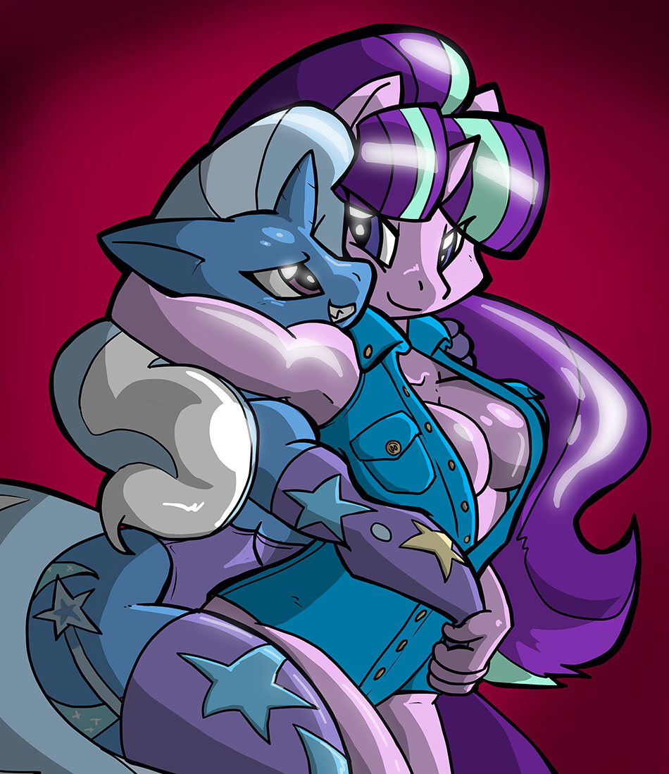 2017 anthro anthrofied armwear breasts cleavage clothed clothing duo elbow_gloves equine friendship_is_magic furry gloves horn hugging legwear mammal my_little_pony starlight_glimmer_(mlp) stockings theburningdonut trixie_(mlp) unicorn
