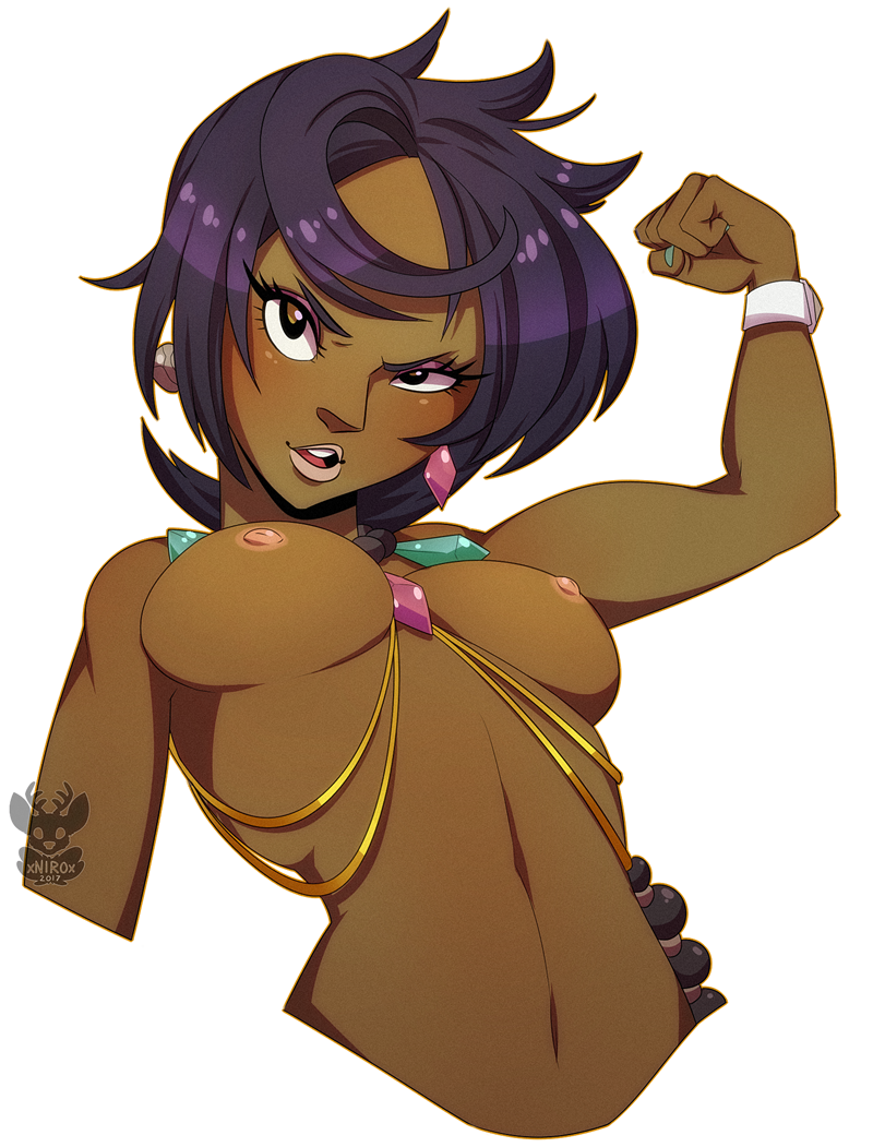 2017 artist_logo artist_name clenched_hand cropped_arm cropped_torso eyeliner looking_at_viewer lychee_(pokemon) medium_breasts nail_polish necklace nipples nude olivia olivia_(pokemon) png pokemon pokemon_(game) pokemon_sm transparent_background upper_body xnirox z-ring