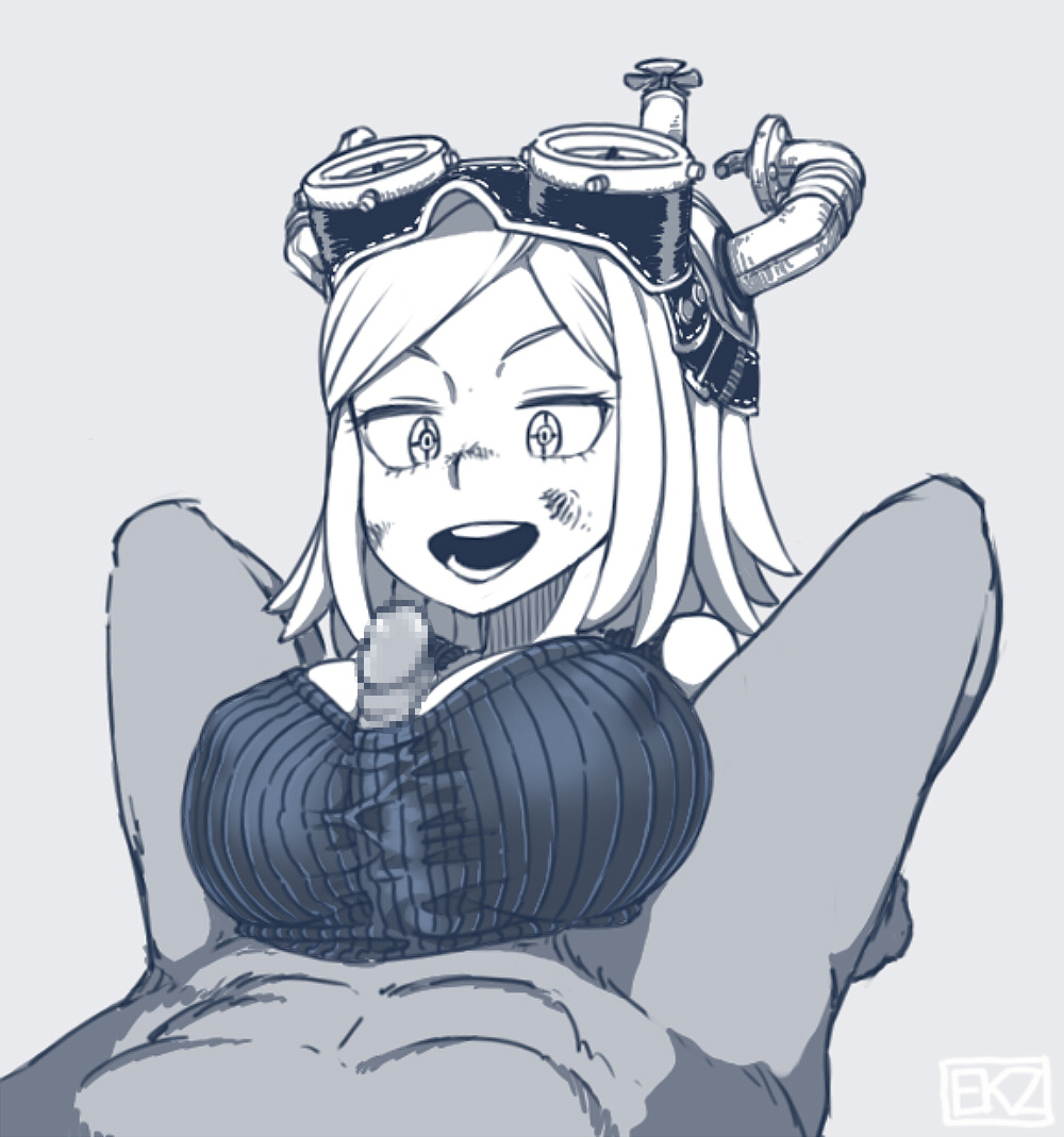 1boy 1girl :o big_breasts breasts censored ekz erect_nipples goggles goggles_on_head grey_background hat hetero long_hair lying_down mei_hatsume monochrome mosaic_censoring my_hero_academia no_bra open_mouth paizuri paizuri_under_clothes penis pixelated simple_background smile symbol_shaped_eyes tank_top upper_body