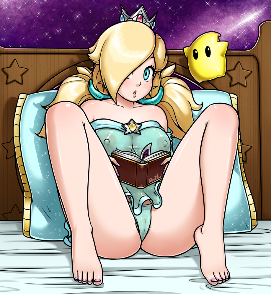 2016 :o alluring alternate_hairstyle areolae artist_name barefoot bed big_breasts book covered_nipples dated hair_over_one_eye looking_at_viewer luma m nail_polish nintendo nipples panties pigtails pillow princess_rosalina purple_nails pussy revtilian rosalina see-through signature sitting super_mario_galaxy twintails