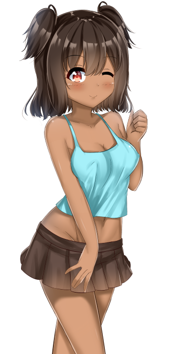1_girl 1girl ;) blush cleavage covered_nipples cute dark-skinned_female dark_skin happy hentami looking_at_viewer medium_breasts nipples pigtails png skirt smile solo transparent_background twintails wink