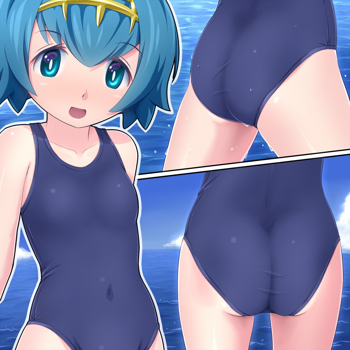 1girl ass blue_eyes blue_hair blue_swimsuit cute female female_human female_only human lana lana_(pokemon) looking_at_viewer mostly_nude multiple_views ocean one-piece_swimsuit outdoor outside pokemon pokemon_(game) pokemon_sm short_hair small_breasts solo standing suiren_(pokemon) swimsuit water yasutake