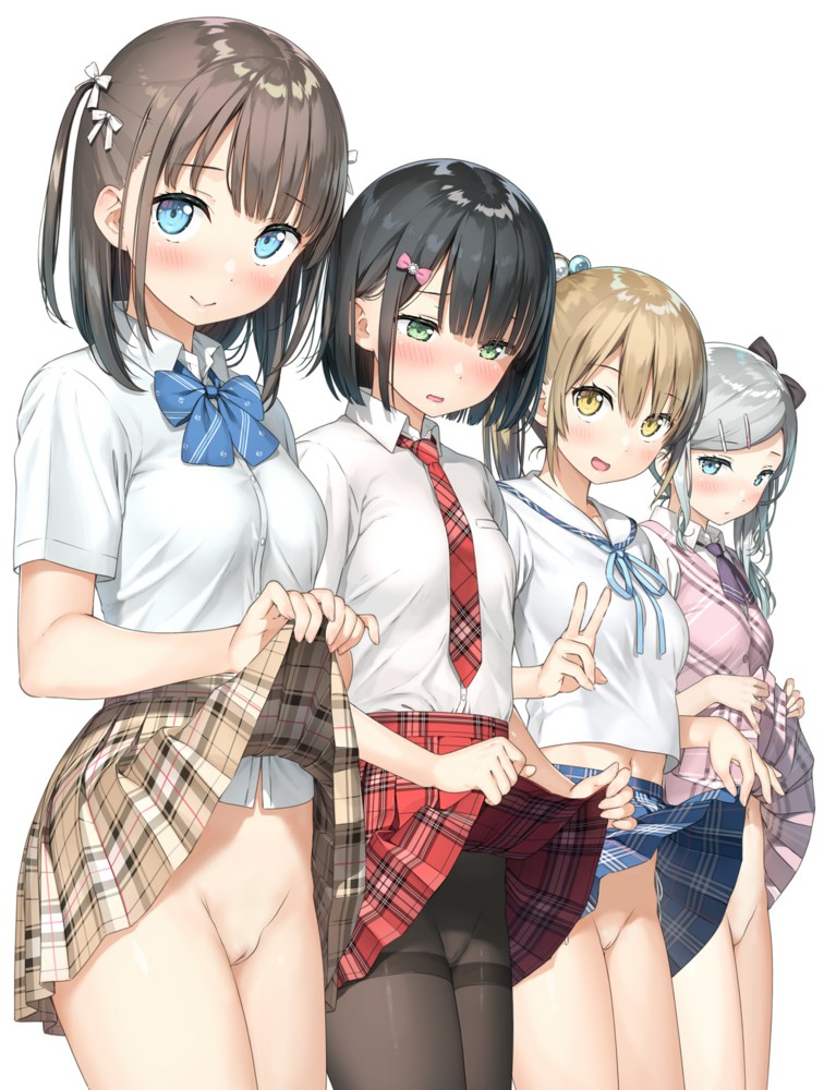 black_hair blue_eyes brown_eyes brown_hair embarrassed female_only green_eyes lifted_by_self light-skinned_female looking_at_viewer miniskirt posing presenting_pussy school_uniform shaved_pussy silver_hair skirt_lift uncensored