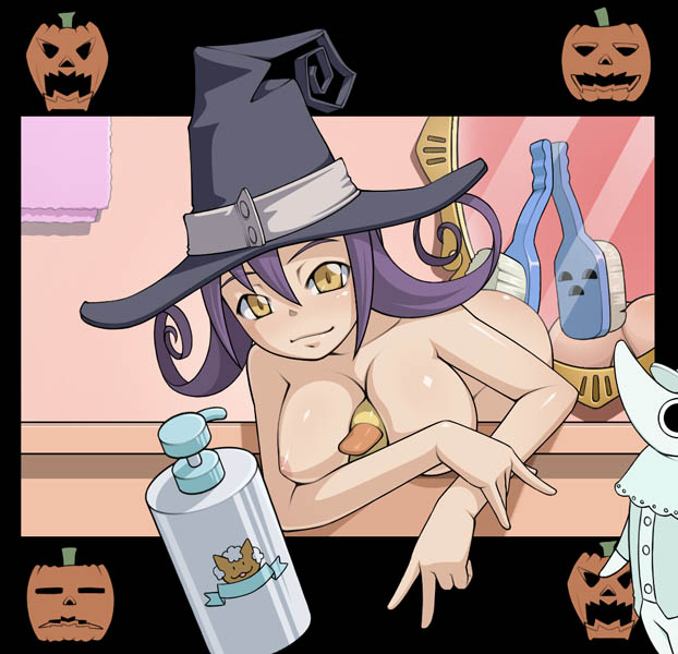 1girl bath bent_over between_breasts blair breasts caryo censored convenient_censoring excalibur excalibur_(soul_eater) hat nanashino nude purple_hair rubber_duck soul_eater witch_hat yellow_eyes