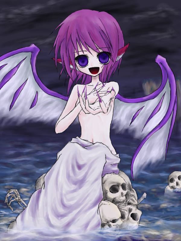 female mystia_lorelei purple_hair short_hair skull topless touhou wings
