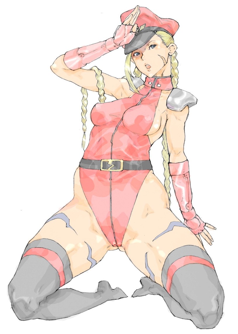 1girl alternate_costume belt blonde_hair blue_eyes braid breasts cammy_white capcom cosplay erect_nipples fingerless_gloves from_below full_body gloves grey_eyes hat impossible_clothes kneeling kyura9een kyura_(kyura9een) kyuraa_(kyura9een) legs leotard lips long_hair looking_at_viewer m_bison_(cosplay) military military_uniform open_mouth salute scar shoulder_pads sideboob simple_background solo spread_legs street_fighter street_fighter_iv thighhighs twin_braids uniform vega vega_(cosplay) white_background