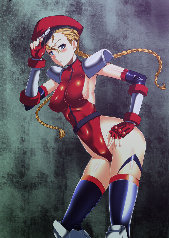 1girl alternate_costume arm_up armor armpits belt black_legwear blue_eyes blush bodypaint braid breasts cammy_white capcom cosplay elbow_gloves embarrassed erect_nipples fingerless_gloves gloves hand_on_hip hat highleg highleg_leotard hips impossible_clothes impossible_clothing large_breasts leaning_forward legs leotard long_hair m_bison m_bison_(cosplay) military military_uniform mituyama777 nekokan_(cat's_cradle) peaked_cap shiny shiny_clothes shoulder_pads sideboob skin_tight solo street_fighter street_fighter_iv thighhighs thighs turtleneck twin_braids uniform vega vega_(cosplay)