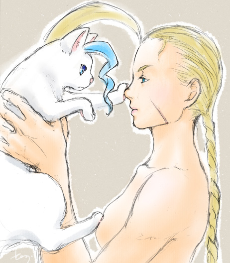 1girl blonde_hair blue_eyes blue_hair braid cammy_white capcom cat crossover felicia felicia_(cat) nude sho-sk solo street_fighter vampire_(game)
