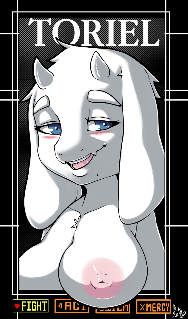 1girl 1girl 2017 anthro areola big_breasts blush boss_monster breasts caprine fur furry goat horn long_ears mammal nipples nude open_mouth simple_background smile sruto tongue toriel undertale video_games white_fur