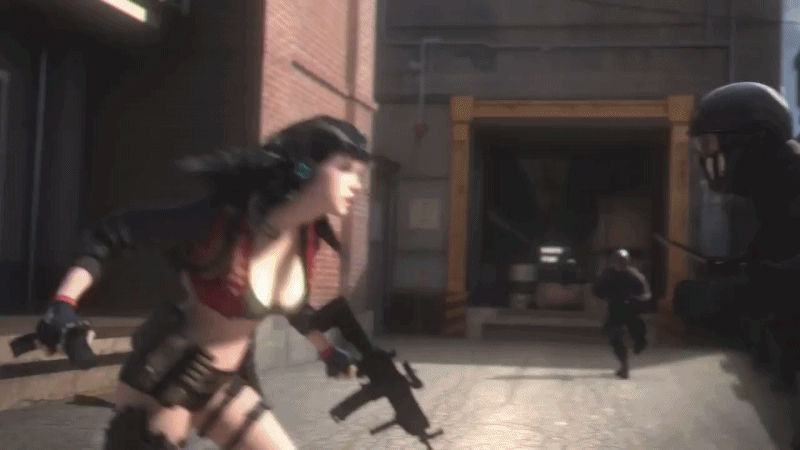 3d ass breasts cleavage fight gif gun hot_pants outdoors punch rifle shooting short_shorts spinning sudden_attack_2 tank_top video_game