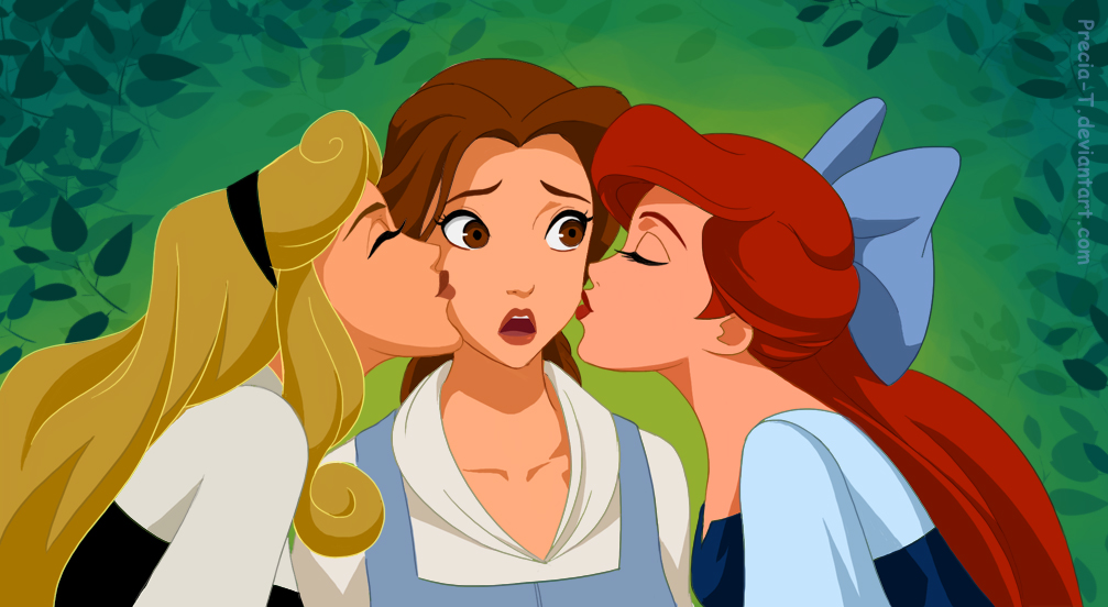 3_girls art beauty_and_the_beast black_hairband blonde_hair blue_bow bow brown_eyes brown_hair brown_lipstick cheek_kiss closed_eyes company_connection crossover disney double_cheek_kiss dress gasping hair_bow hairband kissing lips lipstick long_hair looking_at_another love mandygirl78_(artist) multiple_girls neck open_mouth parted_lips princess_ariel princess_aurora princess_belle red_hair red_lipstick round_teeth sleeping_beauty surprised teeth the_little_mermaid upper_body yuri