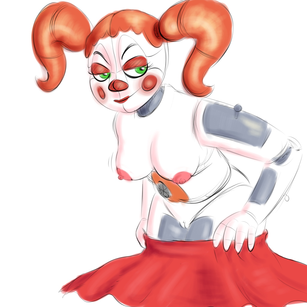 1girl animatronic breasts circus_baby clown dress five_nights_at_freddy's five_nights_at_freddy's:_sister_location j-the-drawfriend looking_at_viewer nudity pussy robot seductive_smile simple_background sister_location twin_tails undressing