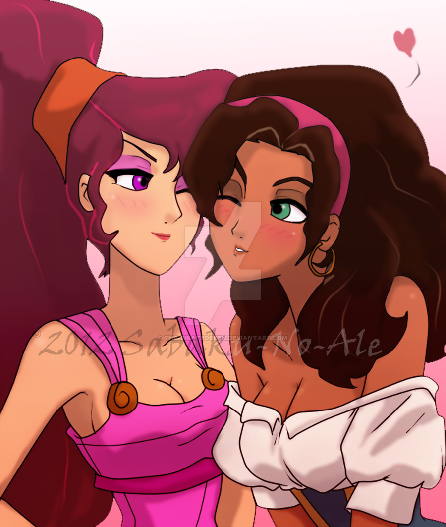 2_girls arm art bare_arms bare_shoulders big_breasts black_hair blush breasts brown_hair cleavage closed_mouth collarbone company_connection crossover dark_skin dress earrings esmeralda eye_contact eyeshadow gipsy green_eyes hairband heart hercules hoop_earrings jewelry lips lipstick long_hair looking_at_another love makeup megara multiple_girls mutual_yuri neck off-shoulder_clothes one_eye_closed parted_lips pink_dress pink_hairband ponytail purple_eyes red_lipstick the-piratequeen_(artist) the_hunchback_of_notre_dame upper_body watermark wink yuri