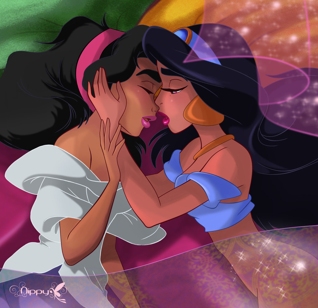 2_girls 2girls aladdin_(series) arm arms art bare_arms bare_shoulders black_hair bottomless breasts closed_eyes company_connection crossover dark_skin disney earrings esmeralda from_above hairband half-closed_eyes hand_on_another's_face hand_on_face hands incipient_kiss jewelry lavender_lipstick lips lipstick long_hair looking_at_another love lying makeup mandygirl78_(artist) multiple_girls mutual_yuri neck necklace off_shoulder on_side open_mouth princess_jasmine purple_lipstick see-through the_hunchback_of_notre_dame veil wrist_grab yuri