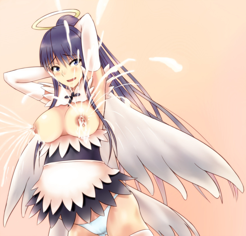 1girl angel blue_eyes breast_milk breasts eyebrows_visible_through_hair female_only halo kaori_kanzaki lactation long_hair nipples nose open_mouth panties solo_female tagme tail to_aru_majutsu_no_index white_panties wings