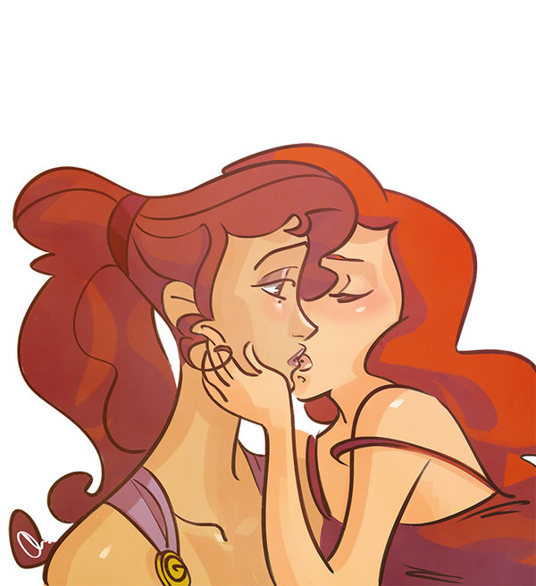 2_girls alternate_costume arm art bare_shoulders blush brown_eyes brown_hair chlove-art_(artist) closed_eyes collarbone company_connection crossover disney dress eyeshadow hand hand_on_another's_face hand_on_face hercules kissing lips lipstick long_hair looking_at_another love makeup megara multiple_girls mutual_yuri neck ponytail princess_ariel purple_dress red_dress red_hair simple_background surprised the_little_mermaid upper_body white_background yuri
