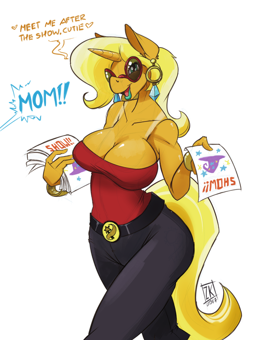 1girl 1girl 2017 anthro big_breasts blonde_hair breasts cleavage clothed clothing dialogue ear_piercing english_text equine eyewear furry hair holding_object hoop_earrings horn mammal mature_female milf multicolored_hair my_little_pony open_mouth parent piercing simple_background sunglasses text trixie's_mom_(idw) two_tone_hair unicorn unseen_character white_background zwitterkitsune