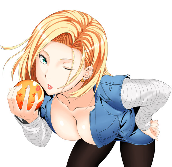 android_18 big_breasts blonde_hair breasts dragon_ball_z insanely_hot looking_at_viewer phoenix_(artist) wink