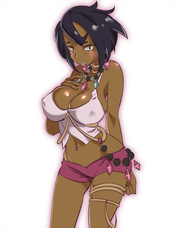 bustier covered_nipples hand_on_chest hand_on_own_chest lychee_(pokemon) midriff nipples olivia olivia_(pokemon) pokemon pokemon_(game) pokemon_sm zaitsu