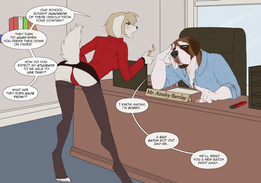 1_female 1_male 1boy 1girl 2_anthros 5_fingers ainsley_barclay anthro anthro_only bent_over blush canine celeste_(artist) clothed clothing desk dialogue duo english_text female female_anthro furry hair legwear male male_anthro mammal mini_skirt office open_mouth panties pencil raised_tail school sitting skirt speech_bubble standing stockings text tight_clothing upskirt