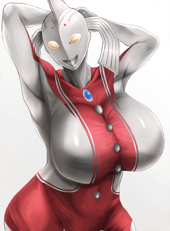 1girl armpits arms_behind_head arms_up breasts gradient gradient_background huge_breasts looking_at_viewer ogura_anko simple_background skin_tight twin_tails ultra_mother ultra_series ultraman white_hair wide_hips