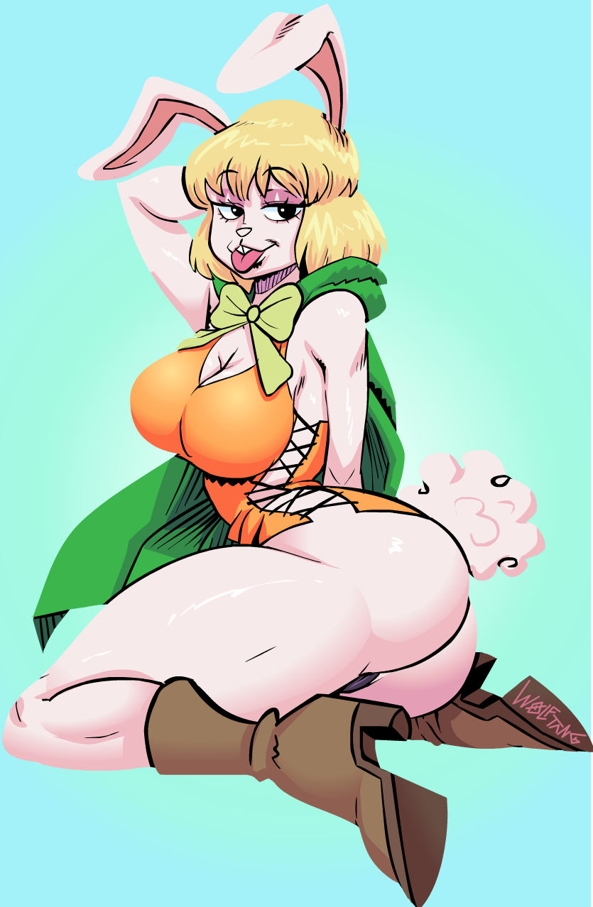 1girl anthro ass blonde_hair boots bow_tie breasts carrot_(one_piece) cleavage cloak clothed clothing footwear fur furry hair lagomorph looking_at_viewer mammal minkmen_(one_piece) one_piece rabbit thick_thighs tongue tongue_out white_fur wolftang