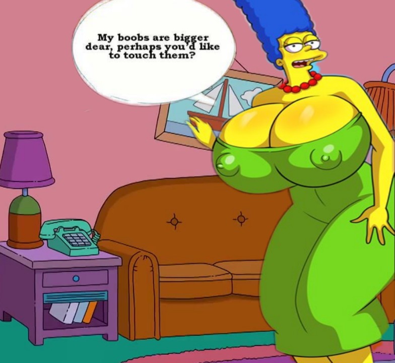 big_breasts blue_hair breasts dress enormous_breasts green_dress huge_breasts looking_at_viewer marge_simpson milf text the_simpsons yellow_skin