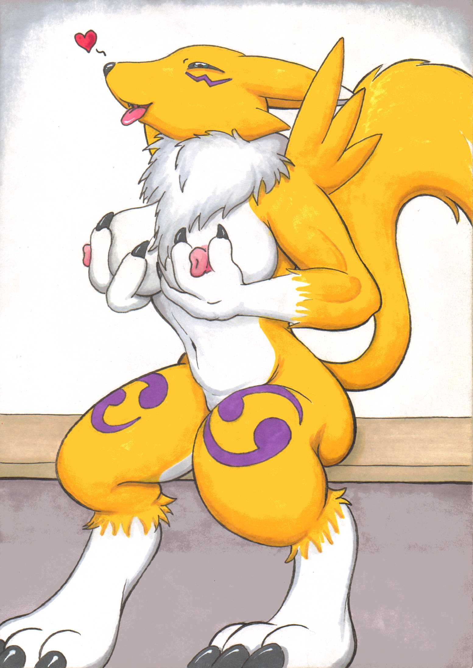&lt;3 1girl 1girl 2017 anthro black_sclera blue_eyes boxice breasts canine chest_tuft claws digimon fox fur furry high_res looking_at_viewer mammal nipples nude open_mouth renamon simple_background smile tongue tuft white_background white_fur yellow_fur