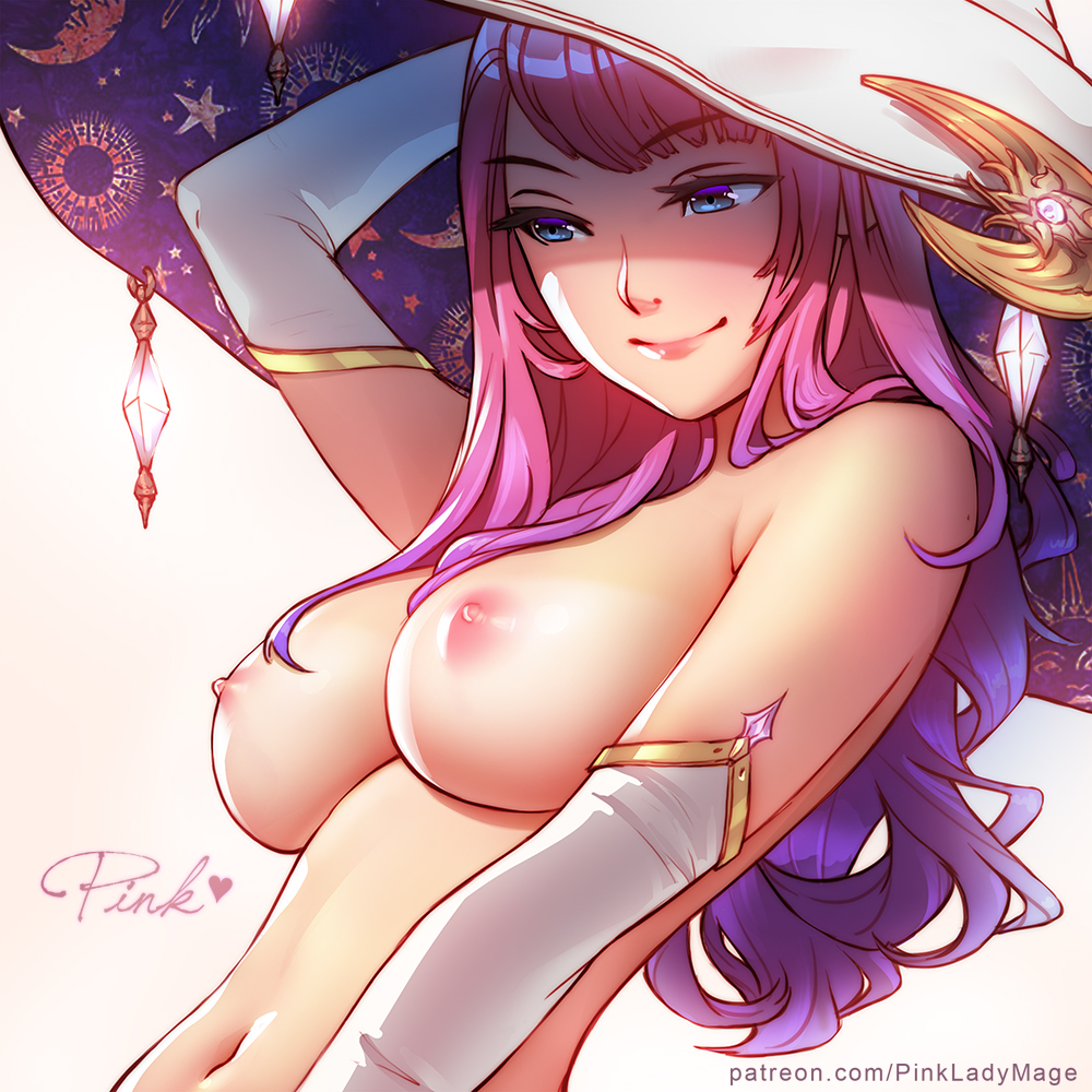 10s 1girl absurdres arm_at_side artist_name blue_eyes breasts cartoon collarbone comic comics crescent_moon_symbol elbow_gloves eyebrows_visible_through_hair final_fantasy final_fantasy_xiv gem gloves gradient_hair hand_on_own_head hat heart highres large_breasts leaning_back light_smile long_hair looking_away multicolored_hair navel nipples nude original pink_hair pink_lady_mage pinkladymage purple_hair signature simple_background solo upper_body white_background white_gloves witch_hat