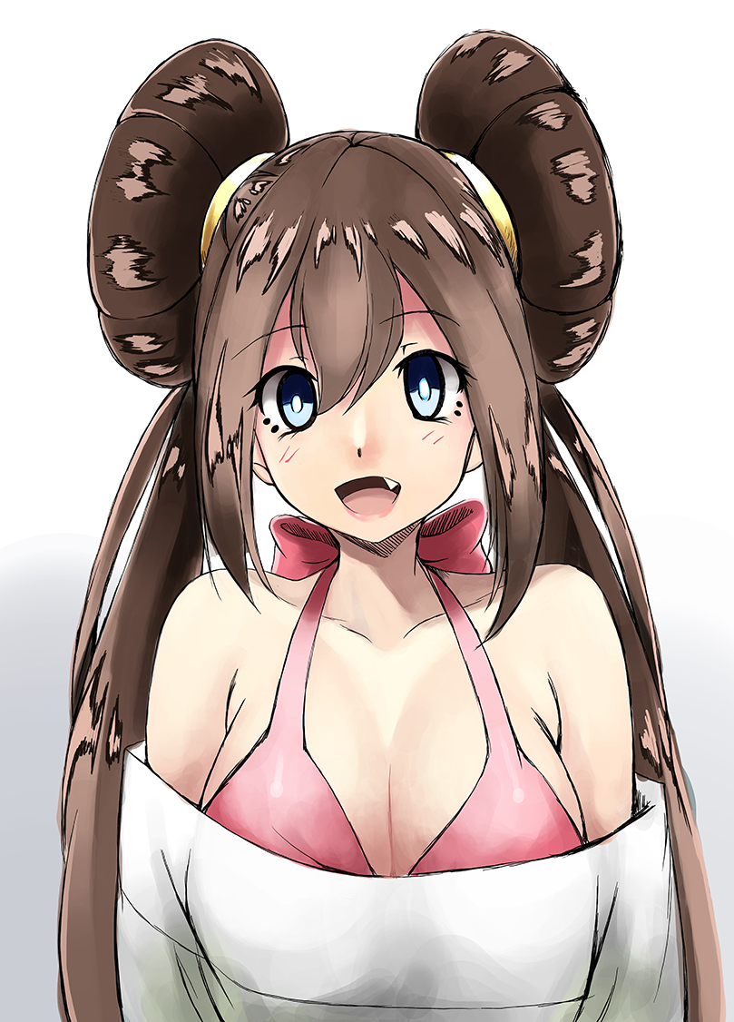10s 1girl bare_shoulders big_breasts blue_eyes bra breasts brown_hair cleavage double_bun fang gradient gradient_background long_hair mei_(pokemon) no_hat off-shoulder_sweater open_mouth pink_bra pokemon pokemon_(game) pokemon_bw2 rosa smile sweater swimsuit swimsuit_under_clothes torieto