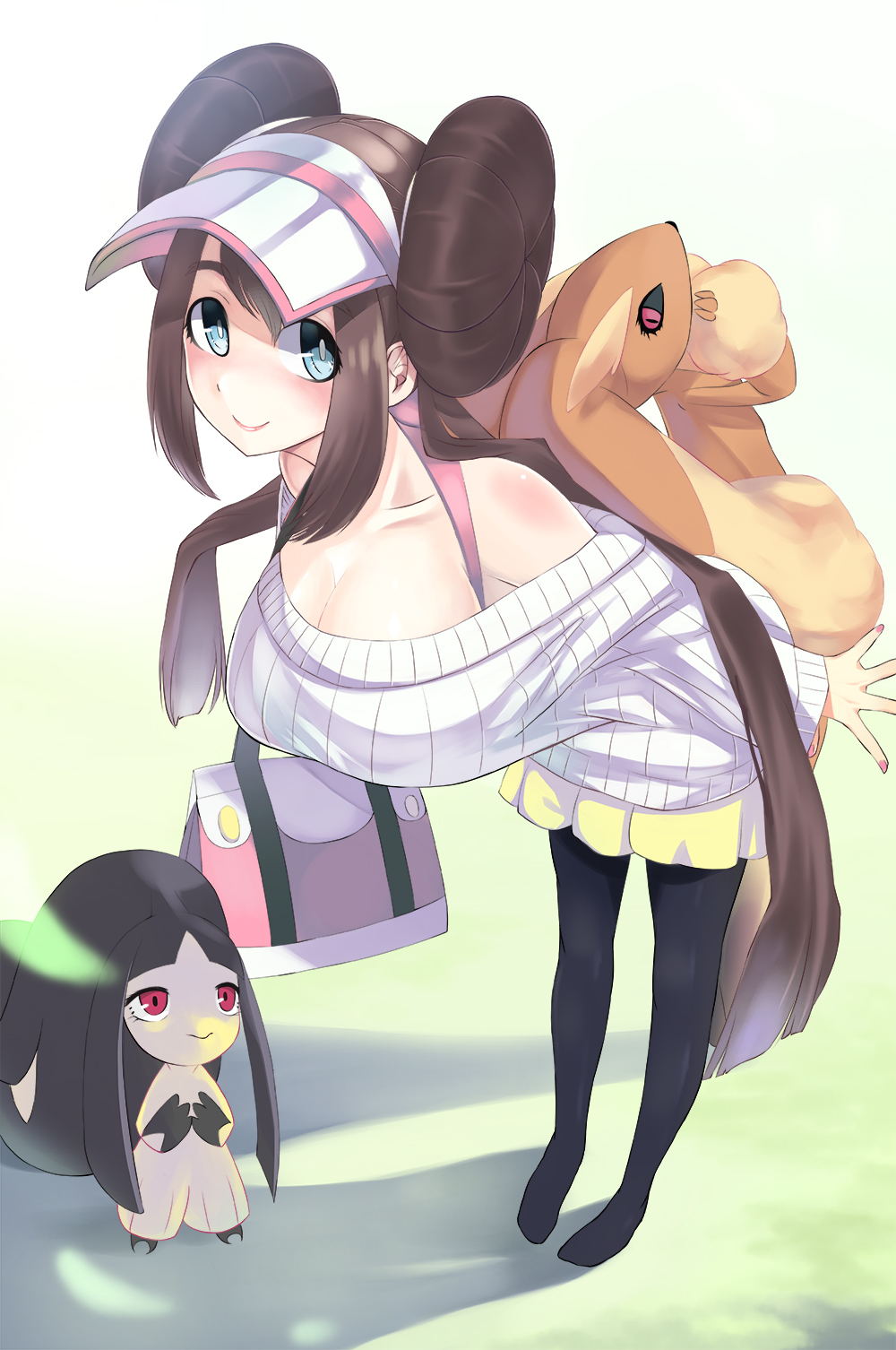 10s alternate_costume bag big_breasts black_legwear black_sclera blue_eyes breasts brown_hair cleavage double_bun hanging_breasts leaning_forward lopunny mawile pantyhose pokemon red_eyes rosa skirt smile sweater torieto twin_tails visor_cap