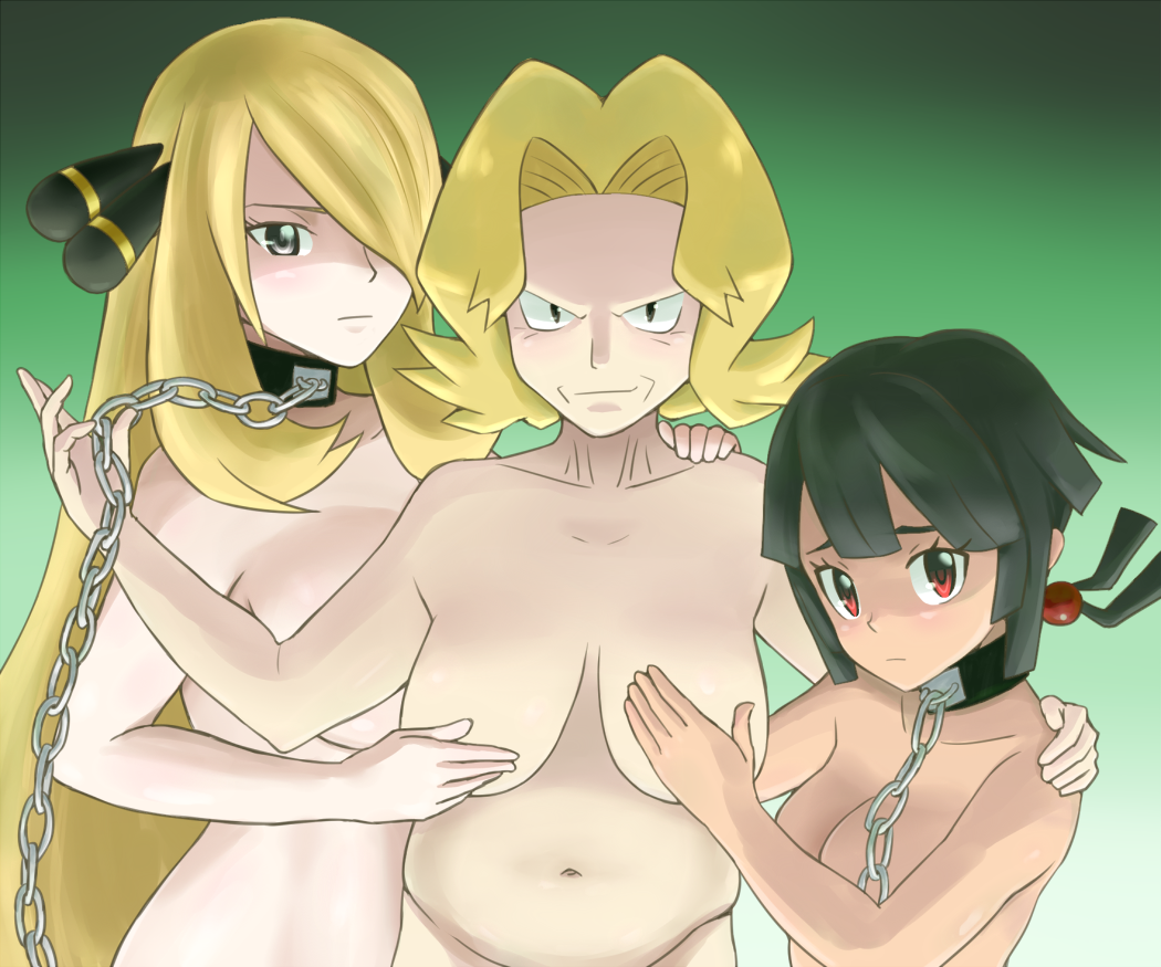 &gt;:) 3girls agatha big_breasts chain chains collar cover_up covering_breasts cynthia gilf gmilf granny hair_over_one_eye looking_at_viewer nakaba nude old old_lady older_female pokemon pokemon_(game) pokemon_dppt pokemon_oras porkyman shirona_(pokemon) upper_body zinnia