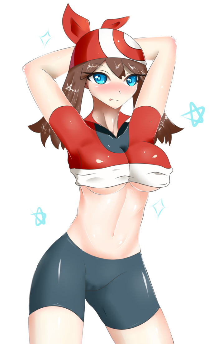 1girl :p arms_behind_head arms_up bike_shorts blue_eyes blush brown_hair cute female hands_behind_head haruka_(pokemon) looking_at_viewer may navel pokemon pussy sana!rpg shiny shiny_clothes simple_background skin_tight skindentation solo standing thighs tongue tongue_out transparent underboob