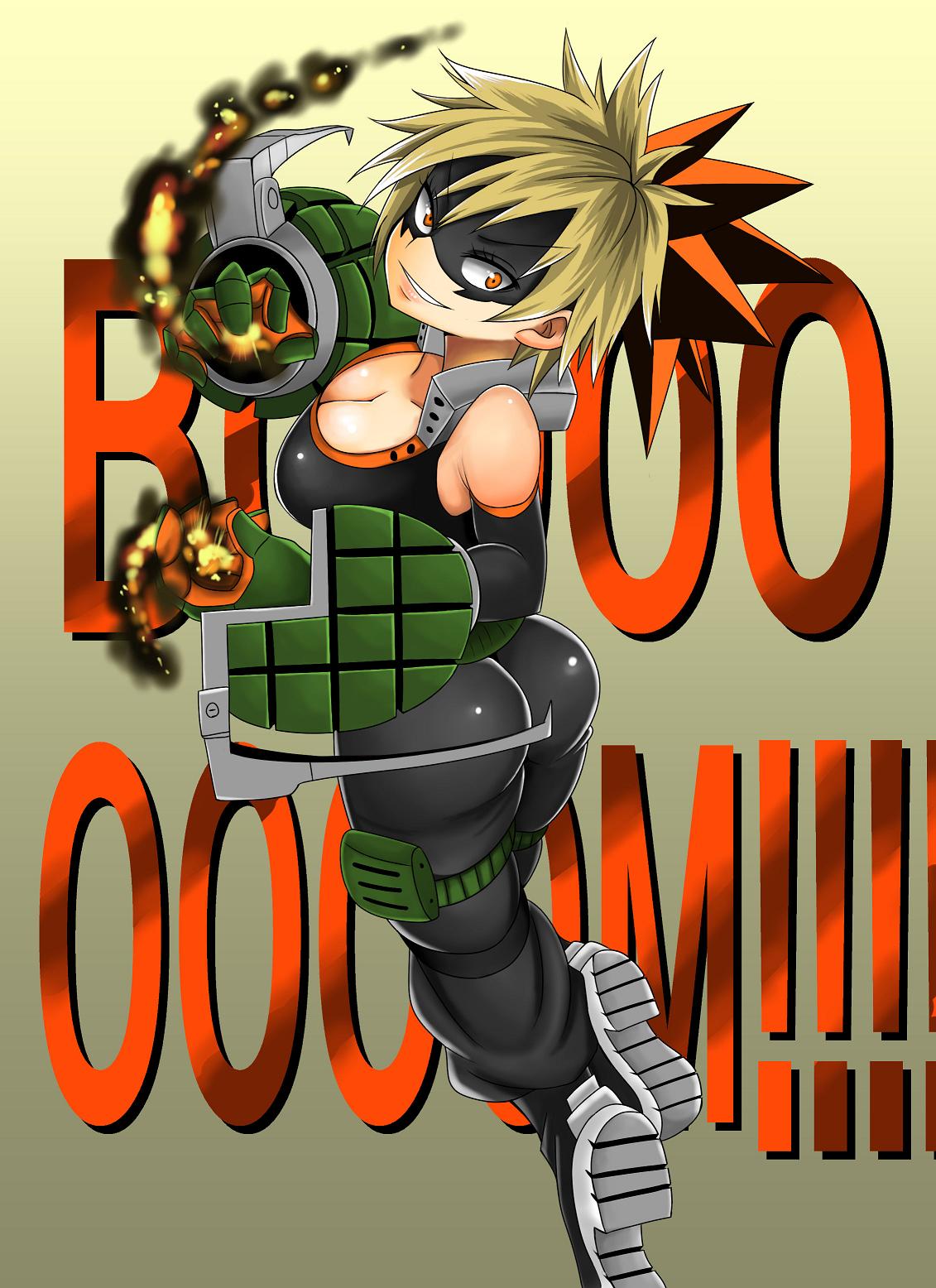 10s 1girl adahcm ass bare_shoulders big_breasts blonde_hair bodysuit boots breasts cleavage crazy crazy_eyes crazy_smile elbow_gloves fire from_behind genderswap gloves grin katsuki_bakugo long_hair looking_at_viewer matching_hair/eyes multicolored_hair my_hero_academia orange_eyes orange_hair pants ponytail shiny shiny_clothes shiny_skin sideboob smile spiked_hair tight tight_pants