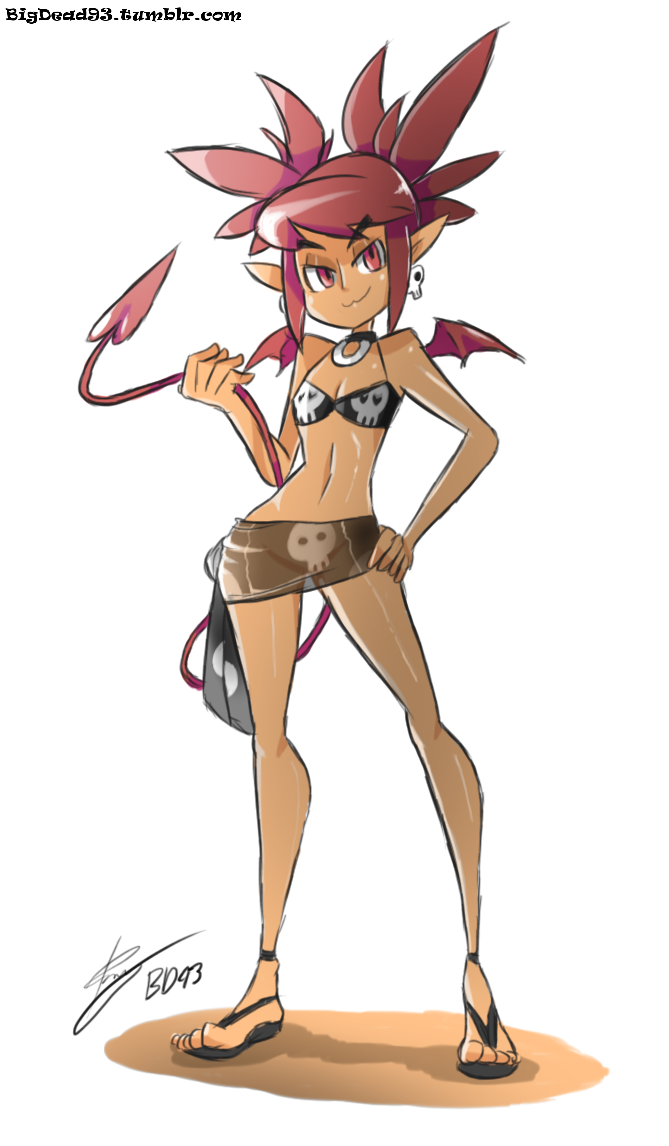 1girl artist_name bat_wings bigdead93 bikini contrapposto demon_girl demon_tail disgaea earrings etna eyebrows eyeshadow hand_on_hip jewelry looking_at_viewer makai_senki_disgaea makeup mini_wings navel pointy_ears red_eyes red_hair sandals sarong see-through shiny shiny_skin skull skull_earrings skull_print small_breasts swimsuit tail tan thighs toes twin_tails watermark web_address wings