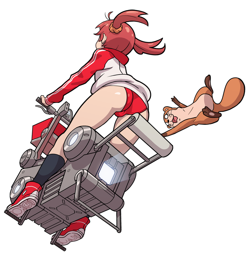 1girl ahoge ass buruma converse erotibot from_behind from_below hover_bike isshiki_akane jacket otter red_hair scrunchie shoes short_twintails sneakers socks track_jacket twin_tails uso-kun vividred_operation