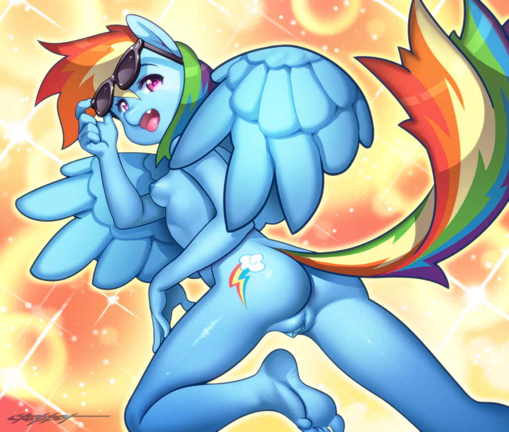 1girl animal_ears areola ass blue_skin breasts erotibot feet furry heart-shaped_pupils horse_ears horse_tail looking_at_viewer multicolored_hair my_little_pony nipples nude open_mouth purple_eyes pussy rainbow_dash shiny shiny_skin sideboob soles sunglasses sunglasses_on_head tail thighs toes tongue tongue_out wings