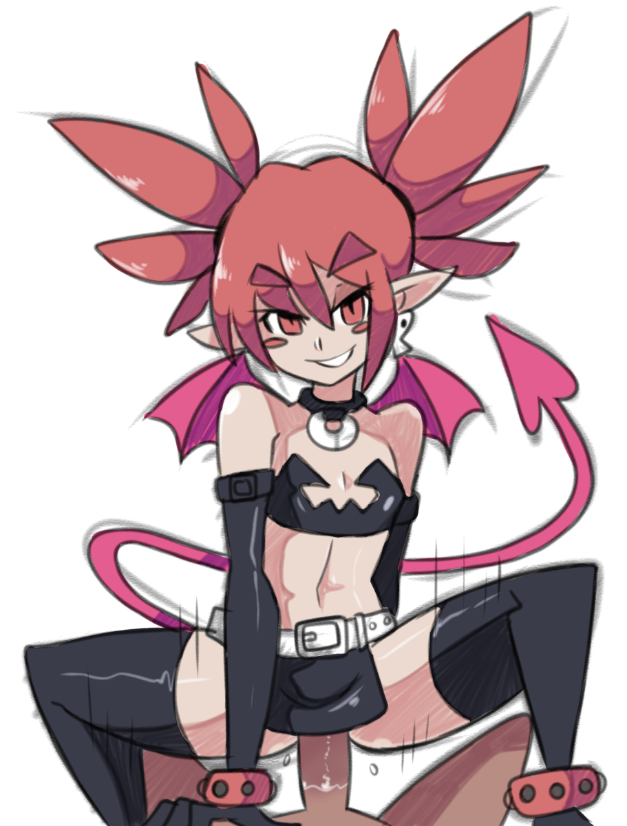 1boy 1girl arm_support bat_wings bigdead93 black_clothes breasts clothed_sex cowgirl_position demon_tail disgaea earrings elbow_gloves etna jewelry looking_at_viewer midriff navel pov_eye_contact pussy_juice red_eyes red_hair sex shiny shiny_clothes shiny_skin simple_background small_breasts small_breasts smile solo_focus tail uncensored vaginal white_background wings