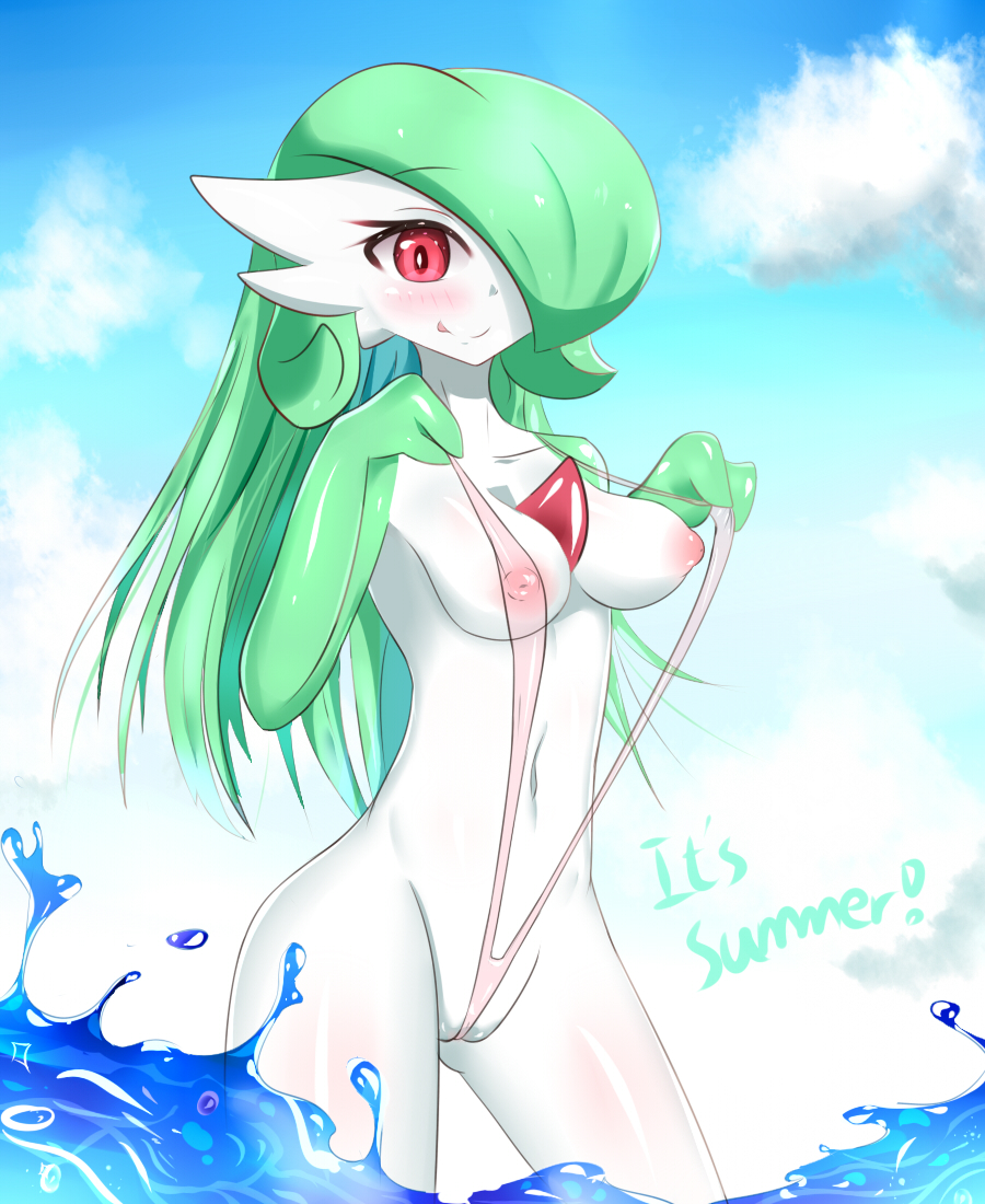 1girl :p areola beach blush breasts gardevoir green_hair groin inverted_nipples licking_lips long_hair looking_at_viewer naughty_face navel nipples no_humans pokemon pokemon_(creature) puffy_areolae red_eyes sana!rpg shiny shiny_skin sling_bikini standing text thighs tongue tongue_out wedgie