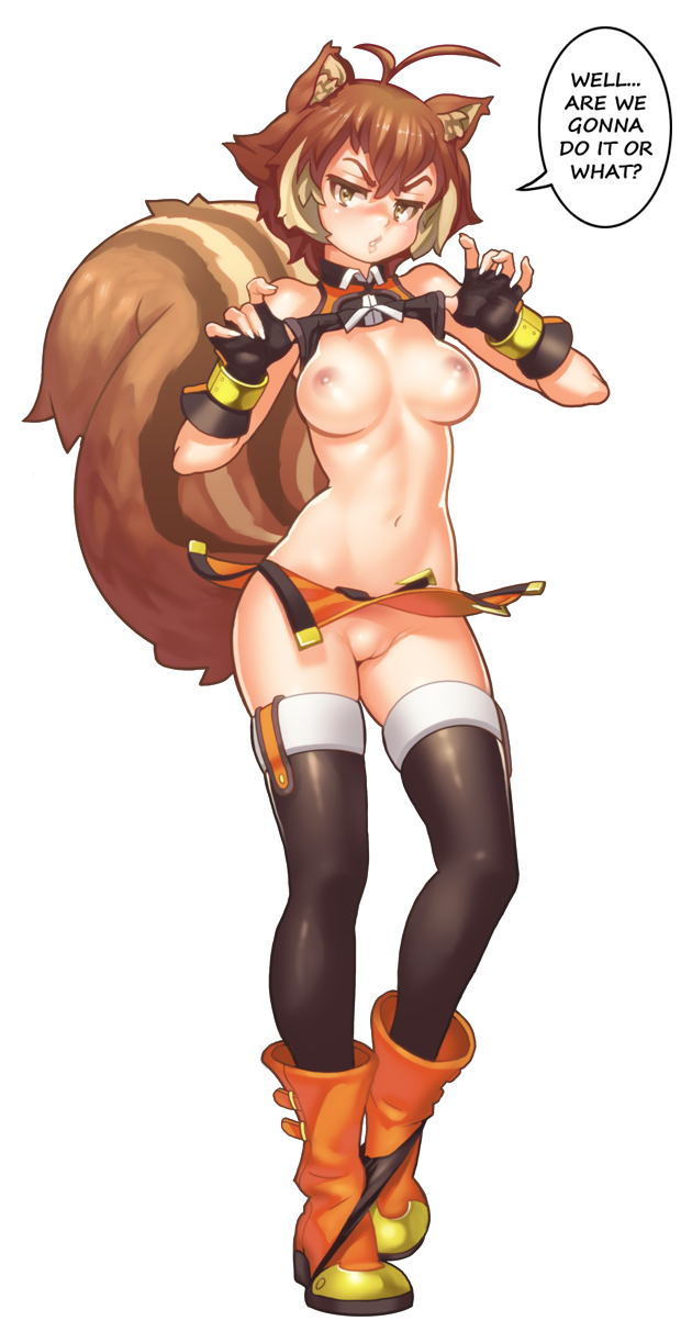 1girl animal_ears arc_system_works assertive bad_id bare_shoulders big_breasts black_legwear black_panties blazblue blazblue:_continuum_shift boots breasts brown_eyes brown_hair english erotibot fat_mons fingerless_gloves full_body gloves high_res looking_at_viewer makoto_nanaya microskirt midriff miniskirt multicolored_hair navel nipples orange_skirt panties panties_around_ankles presenting puckered_lips pussy shirt_lift short_hair simple_background skirt squirrel_ears squirrel_tail standing stockings tail transparent_background two-tone_hair uncensored underwear upskirt white_background wind wind_lift