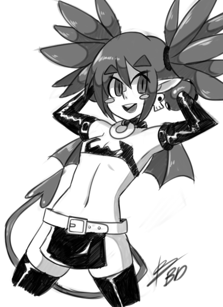 1girl arms_behind_head arms_up artist_name bat_wings bigdead93 collar demon_tail disgaea etna loincloth looking_at_viewer monochrome open_mouth pelvic_curtain shiny shiny_skin simple_background skindentation small_breasts smile stockings tail thighs white_background wings