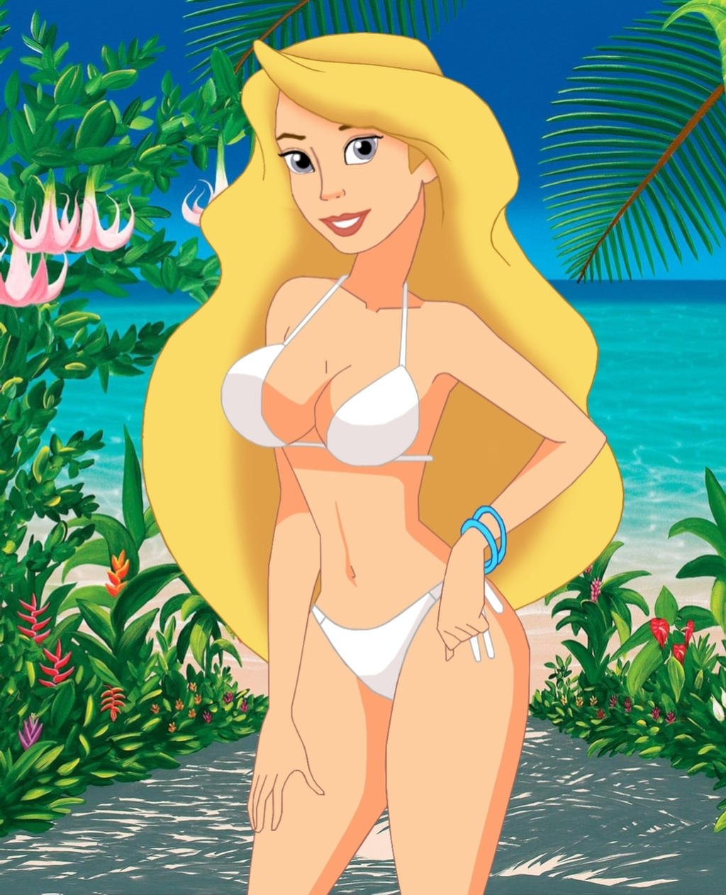 arms bracelet carlshocker cleavage female_abs female_focus female_only hands hips lips lipstick long_blonde_hair looking_at_viewer navel odette sand sea sideways_glance sky smile the_swan_princess thighs white_bikini