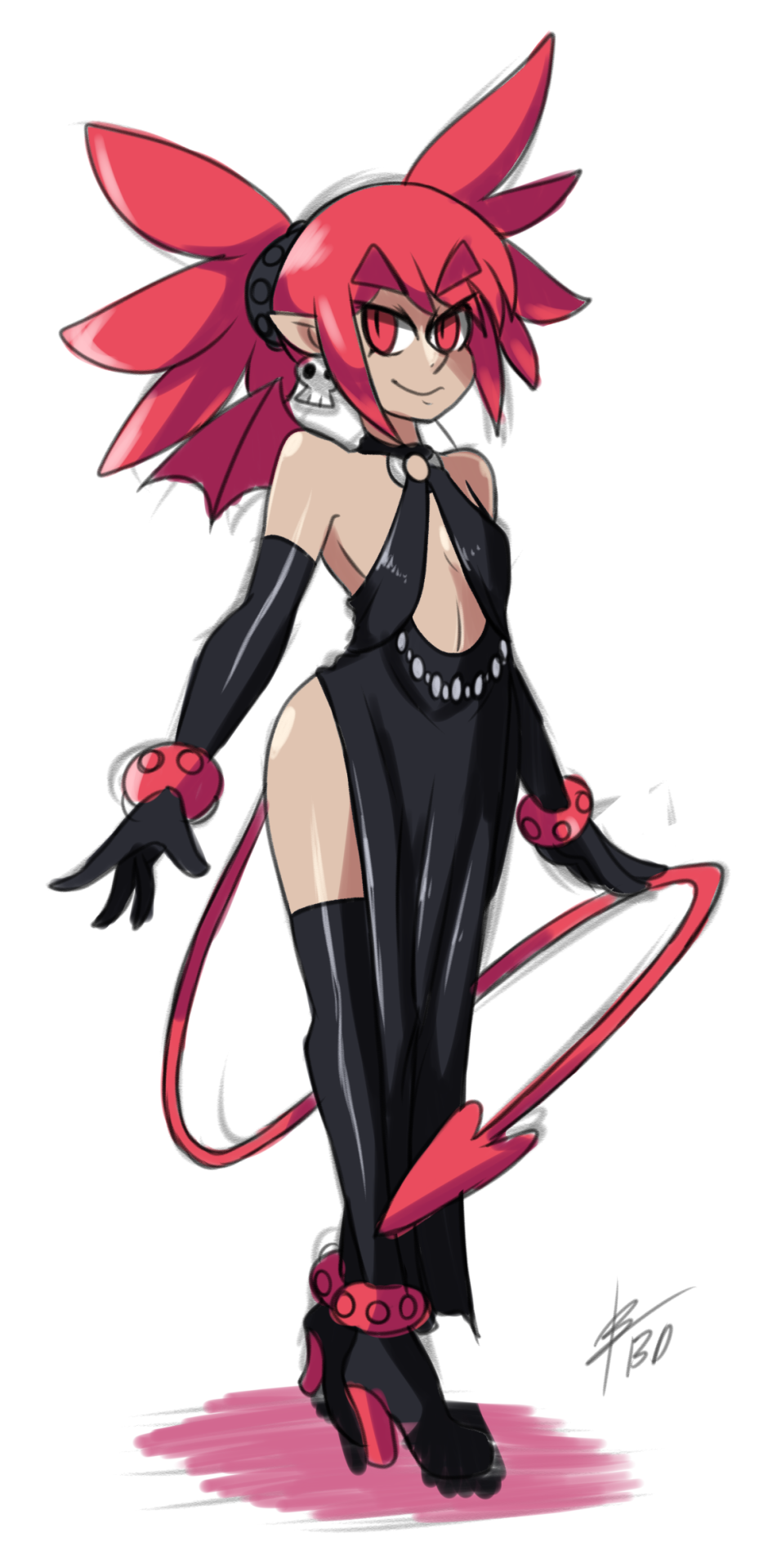 1girl anklet bare_shoulders bat_wings bigdead93 black_dress boots center_opening commentary demon_girl demon_tail disgaea dress earrings elbow_gloves etna eyebrows eyebrows_visible_through_hair full_body gloves gown halterneck high_heel_boots high_heels high_res jewelry long_hair long_legs mini_wings red_eyes red_hair scrunchie side_slit skull_earrings slit_pupils small_breasts smile stockings tail thick_eyebrows thigh_high_boots twin_tails wings