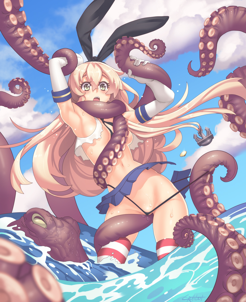10s 1girl animal_ears armpits assisted_exposure blonde_hair bunny_ears censored convenient_censoring elbow_gloves erotibot flying_sweatdrops gloves imminent_rape kantai_collection long_hair navel octopus open_mouth panties panty_pull shimakaze_(kantai_collection) shiny shiny_skin signature skindentation skirt stockings string_panties striped striped_legwear sweat tentacle topless torn_clothes underwear water yellow_eyes