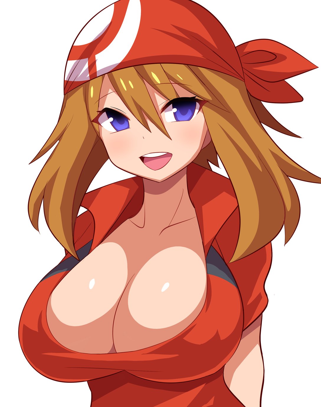 1girl :d bandanna big_breasts bike_shorts blue_eyes blush brown_hair center_opening cleavage collarbone creatures_(company) female female_only game_freak haruka_(pokemon) heart huge_breasts humans_of_pokemon konno_tohiro large_breasts long_hair looking_at_viewer may_(pokemon) nintendo pokemon pokemon_(anime) pokemon_(game) pokemon_diamond_pearl_&amp;_platinum pokemon_dppt pokemon_rse short_hair simple_background smile solo text upper_body white_background
