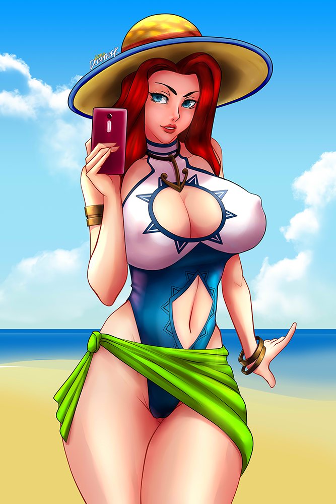 big_breasts bikini blue_eyes breasts hat league_of_legends miss_fortune one_piece red_hair swimsuit