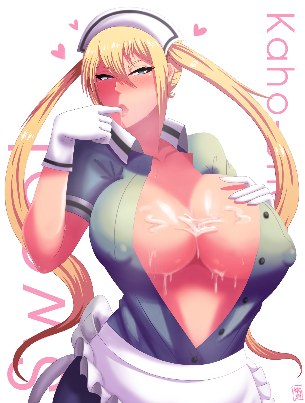 1girl 1girl androjuniarto apron bangs big_breasts blend_s blonde_hair blue_eyes breasts covered_nipples cum cum_on_breasts finger_in_mouth gloves gradient gradient_hair head_scarf heart hinata_kaho long_hair open_clothes saliva sidelocks skirt stile_uniform twin_tails very_long_hair waist_apron waitress white_background white_gloves