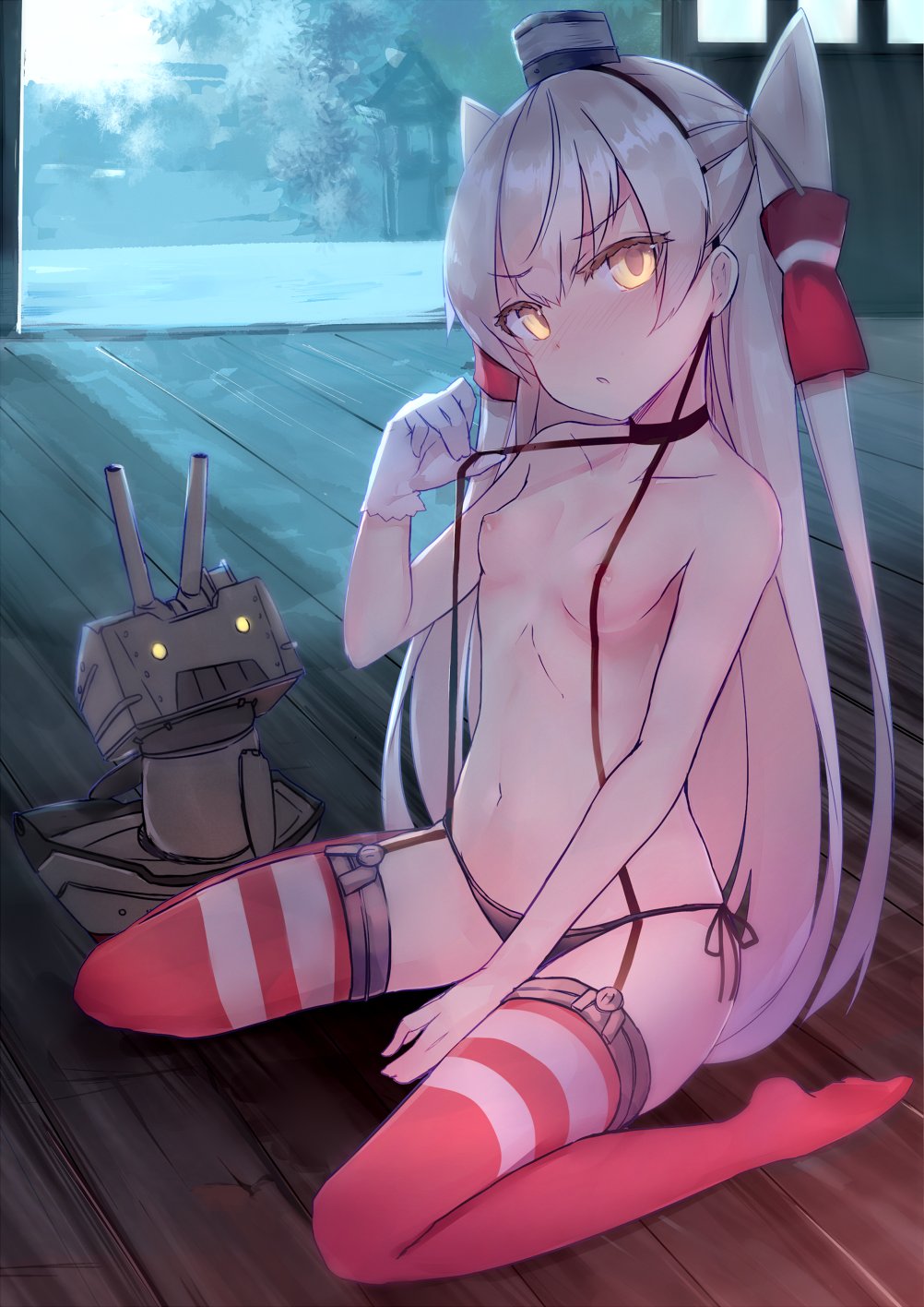 1girl 1girl 1girl amatsukaze_(kantai_collection) bikini breasts garter_straps gloves glowing glowing_eyes high_resolution kantai_collection kure_(kure_ng) lingerie long_hair nipples rensouhou-kun side-tie_bikini silver_hair single_glove sitting small_breasts stockings swimsuit topless two_side_up