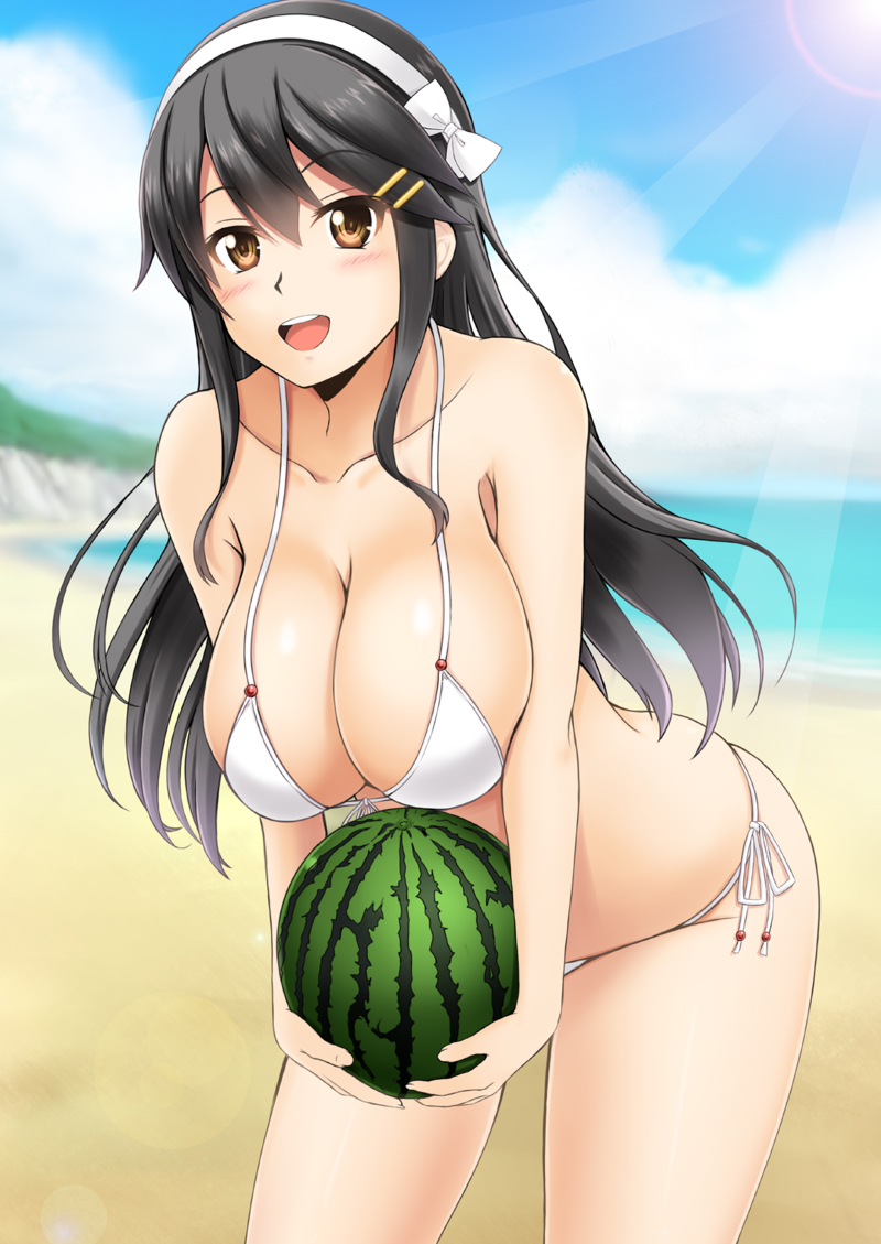 beach bikini haruna_(kantai_collection) kantai_collection looking_at_viewer smile watermelon